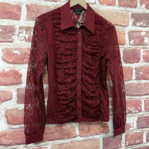 VTG Moda International Top Womens M Red Floral Lace Romantic Chic Sheer Shirt - Picture 2 of 8